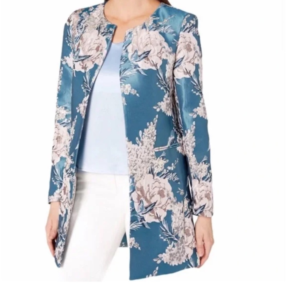 Tahari ASL Women's Floral-Jacquard Topper Jacket - Teal Pink jacket NEW 8 - Picture 2 of 10